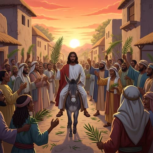 Black Jesus on Donkey: Palm Sunday Celebration with Diverse Crowd