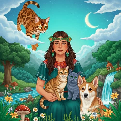 Bengali Cat and Shaman Healer Woman in Ethereal Nature Scene