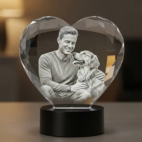 3D Optical Crystal Heart Engraving with Caucasian Male and Golden Retriever