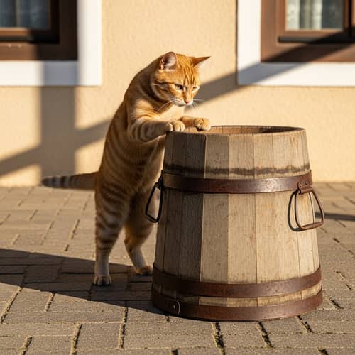 Agile Domestic Cat Playing with Vintage Water Gallon in Sunny Day
