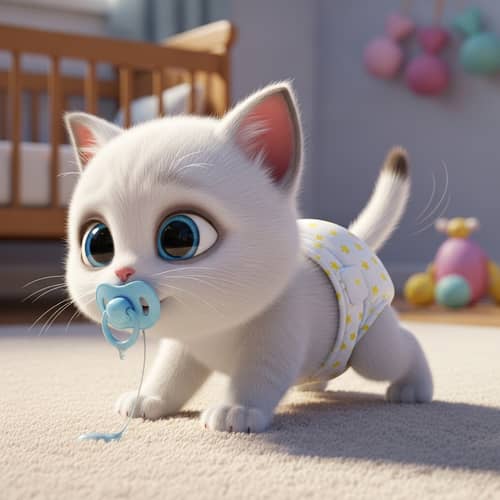 Cute Cartoon Newborn Kitten in Diapers with Pacifier