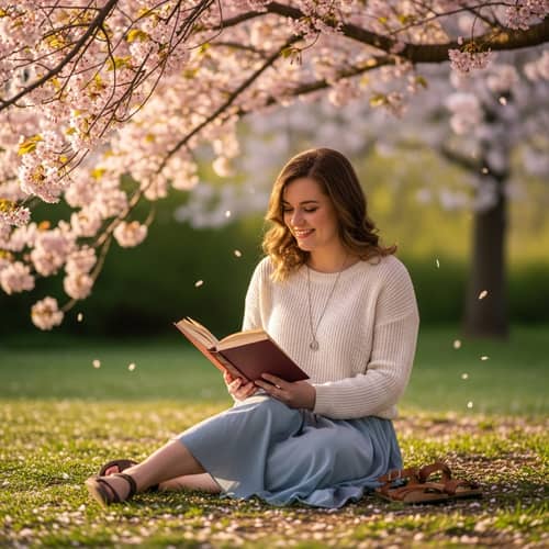 Beautiful Girl Under Cherry Blossoms Reading