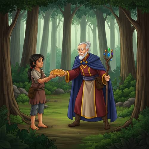 Poverty-Stricken Girl Receives Bread from Elderly Magician