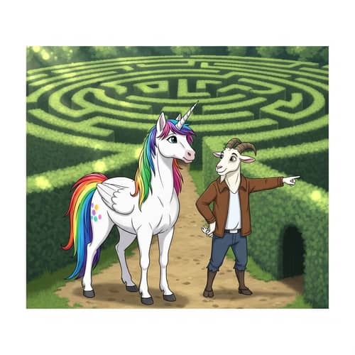 Majestic White Unicorn and Friendly Goat in Labyrinth Forest Maze