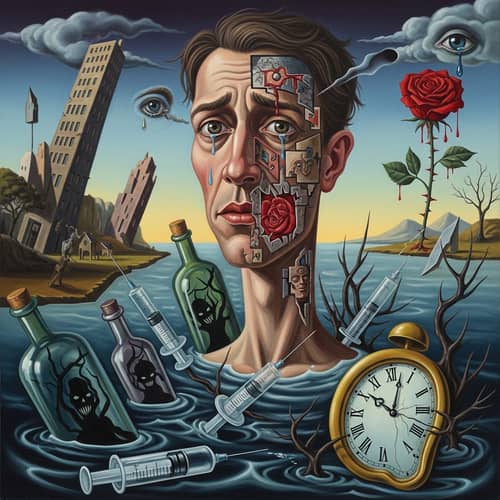 Surrealist Oil Painting of Man in Addiction Struggle