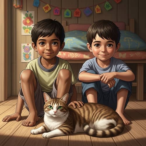 Artistic Depiction of Joyful Boys & Cat in Cozy Room