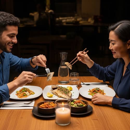Delicious Fish Meal Sharing at Wooden Table
