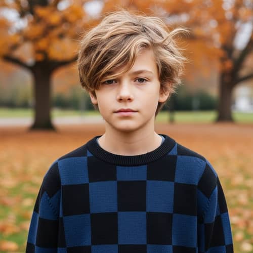 Messy Light Blonde Hair Boy in Checkered Sweater