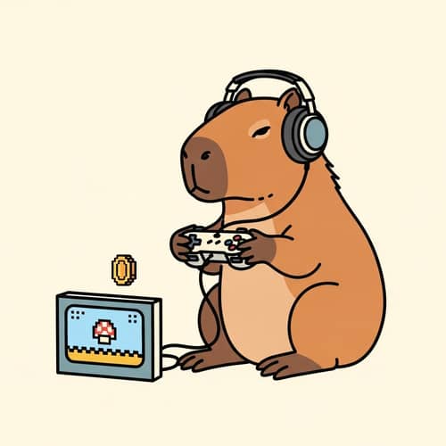 Retro Style Capybara with Game Controller and Headphones