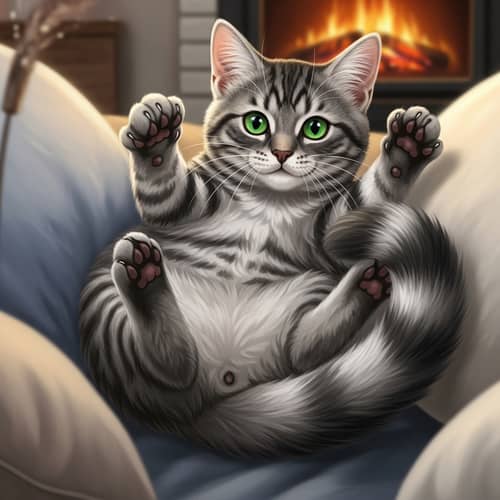Playful Domestic Feline with Emerald Eyes | Luxurious Mottled Fur