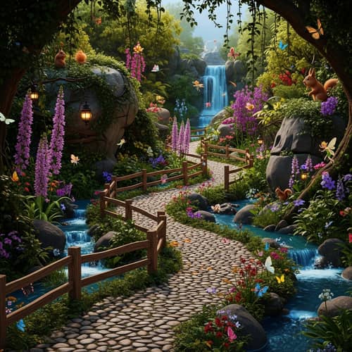 Enchanted Jungle Path with Fairies and Magical Flora