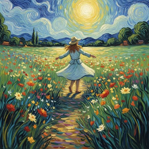 Solitary Figure in Blossoming Wildflowers | Joyful and Vibrant Art