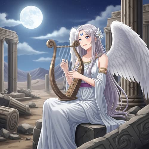Anime Style Woman Playing Harp Under Full Moon | Elegant Ethereal Scene