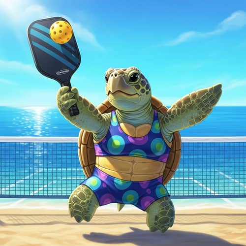 Playful Sea Turtle with Pickelball Paddle on Beach Court