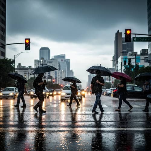 Rainy Day Scene: Diverse People with Umbrellas in City Rain