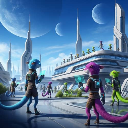 Futuristic Planet with Bipedal Aliens and Two Moons