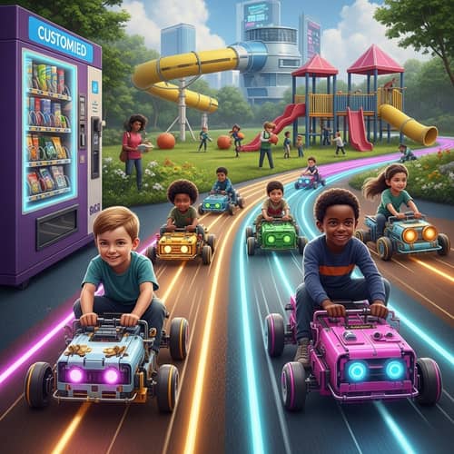 Futuristic Park: Children Racing Robotic Pets on Neon Tracks