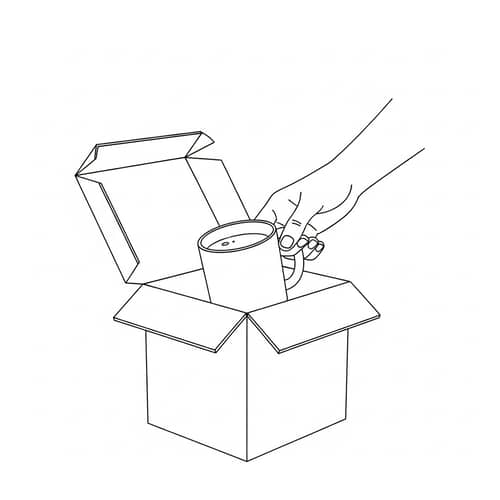 Minimalist Drawing of Hand Pulling Out Mug from Opened Box