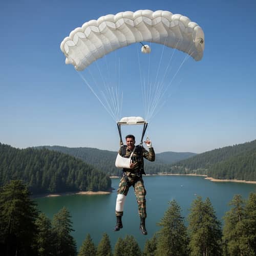 Injured Military Man Parachutes into Lake - Dramatic Scene