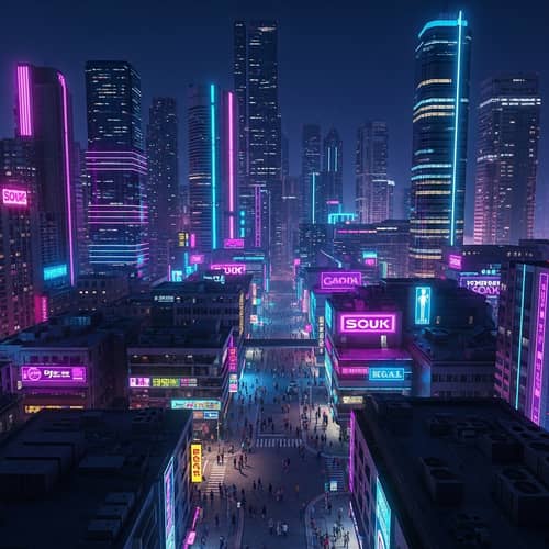 Neon Cyberpunk Cityscape at Night - Futuristic Urban Landscape