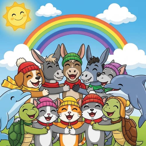 Uplifting Animal Rescue Cartoon: Dogs, Cats, Donkeys, Dolphins & Turtles Embracing