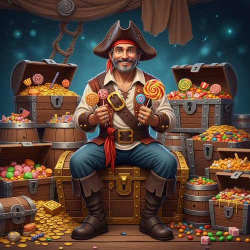 Cheerful Pirate Surrounded by Sweets and Candies