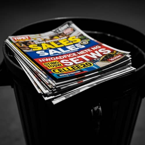 Urban Noir Photography: Colorful Sales Flyers Abandoned in Trash Can