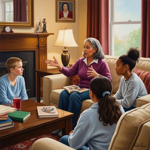 Realist Style Oil Painting of Storytelling in Cozy Living Room