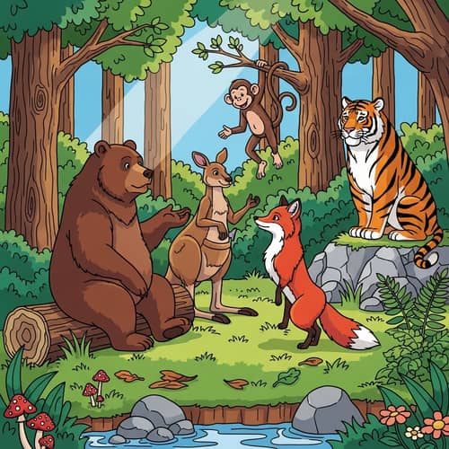 Forest Animals Chatting in Lush Wilderness Scene