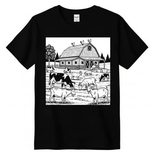 Peaceful Farm Landscape Black & White T-Shirt Design
