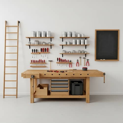 Minimalist Workshop Setting with Essential Tools on Wooden Workbench
