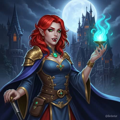 Dark Fantasy Sorceress with Red Hair | Enchanting Vampire Character