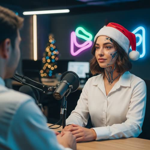 Confident 24-Year-Old Middle Eastern Woman Embracing Futuristic Aesthetics in Christmas Podcast Scene