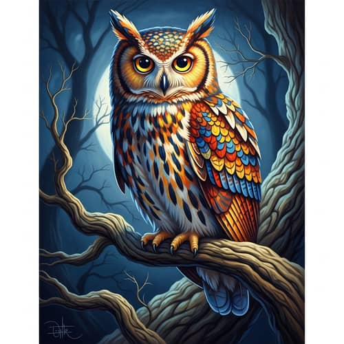 Vibrant Owl Painting with Rich Feathers on Twisted Branch