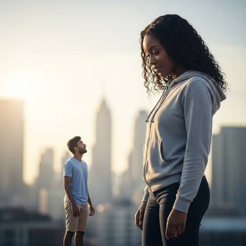 Surreal Encounter Between Miniature Man and Giant Woman