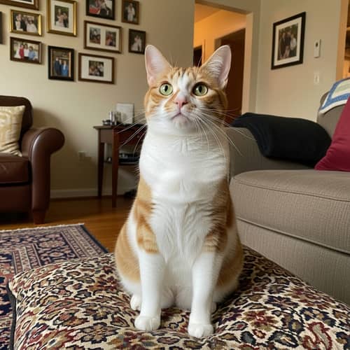 Calico Pattern Domestic Cat on Plush Pillow | Cozy Living Room Scene