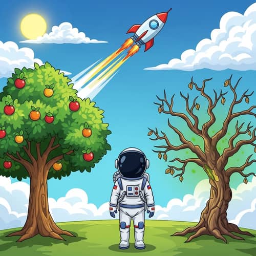 Cartoon-Style Image with Two Trees and a Spaceman