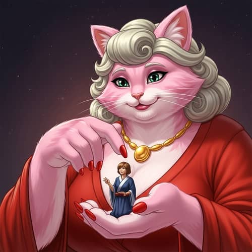 Enchanting Pink Furry Cat Lady with Tiny Human - Heartwarming Encounter