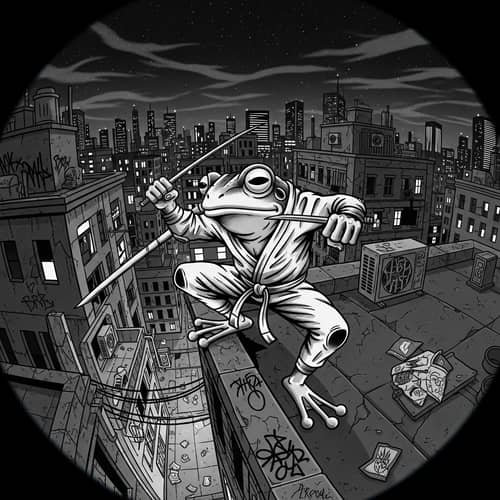 Monochrome Martial Arts Amphibian on Metropolis Rooftop at Night