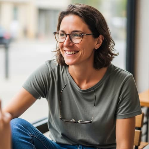 Casual Smiling Individual with Medium-length Hair and Glasses