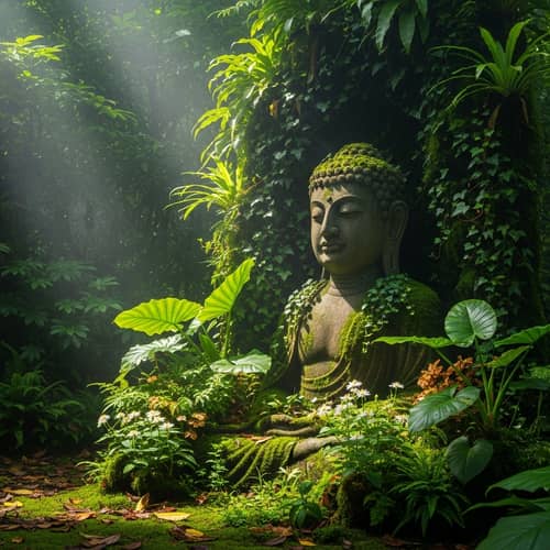 Serene Buddha Statue in Lush Forest - Meditation Scene