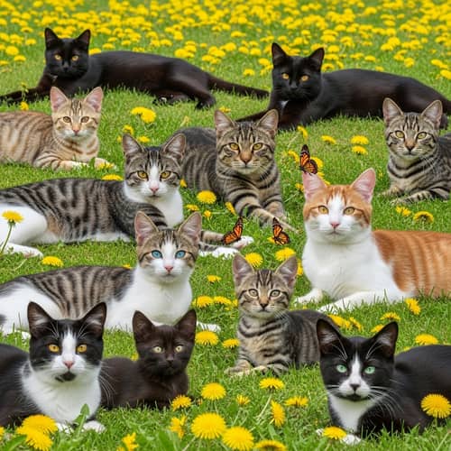 Diverse Range of Adult and Young Cats Lounging on Lush Lawn