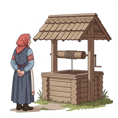 Elderly Caucasian Woman in Russian Folk Attire by Old Well
