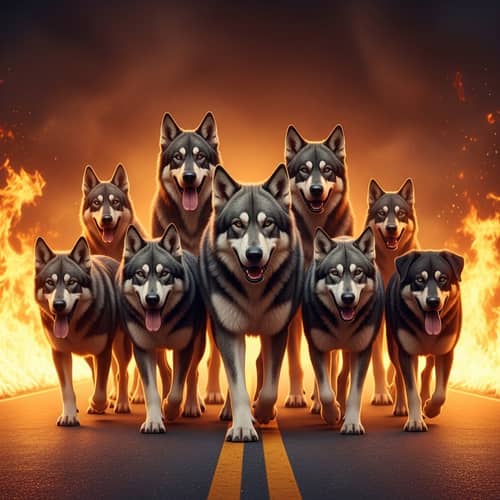 Majestic Wolf Dogs Walking on Hot Road with Fiery Background
