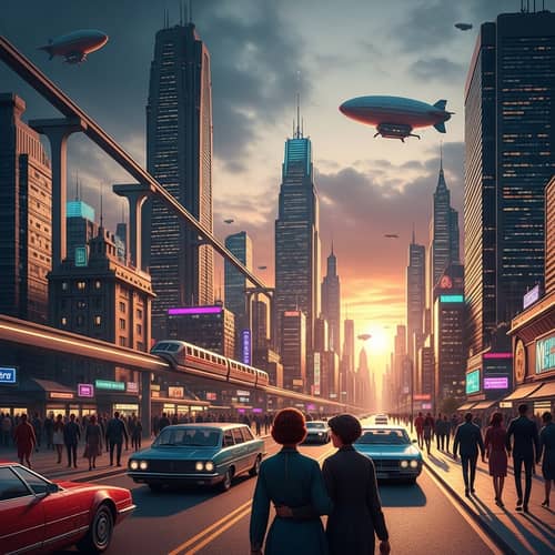 Retro-Futuristic Cityscape: Vibrant Skyline & Neon Lights
