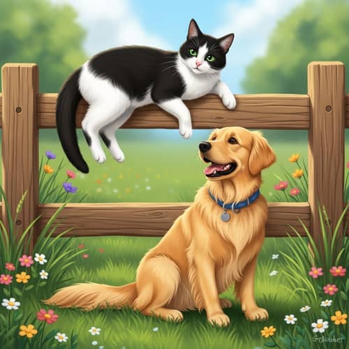 Charming Scene of Tuxedo Cat and Golden Retriever in Serene Setting