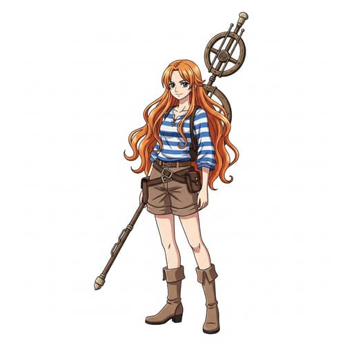 Wavy Orange Haired Character in Blue Striped Shirt and Brown Shorts