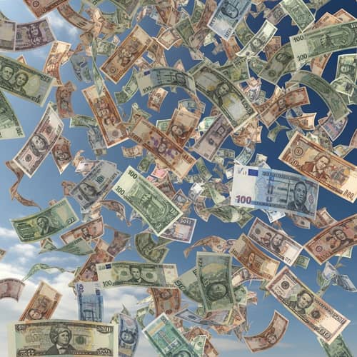 Currency Notes Freefall: Diverse Patterns & Colors in Motion