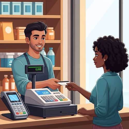 Local Store Customer Interaction: Smiling Storekeeper Accepts Card Payment