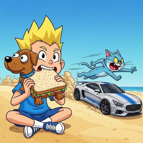 Cartoon Character Eating Sandwich on Beach | Chase Scene